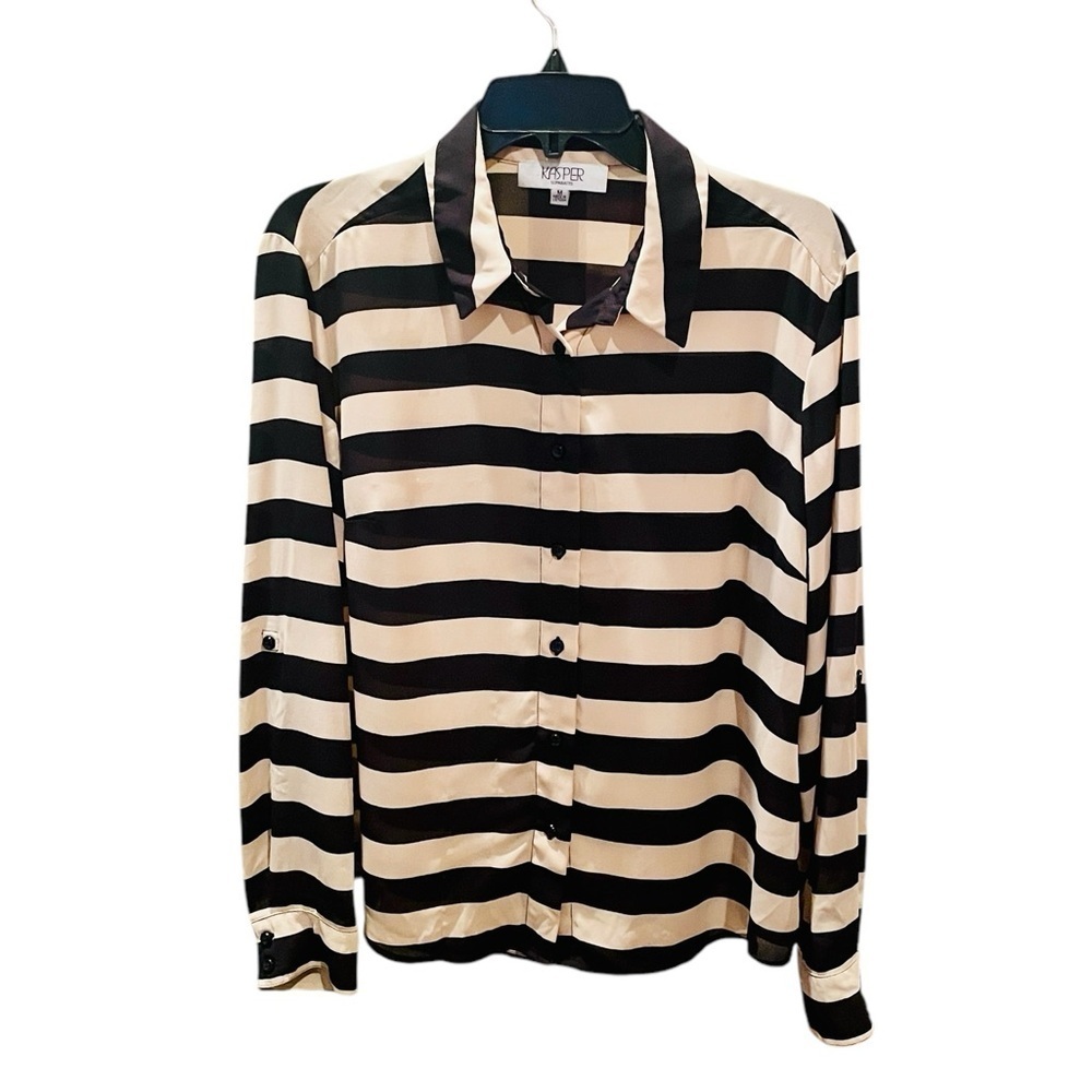 Kasper Separates roll tab sleeve button down blouse M tan black stripe flowy